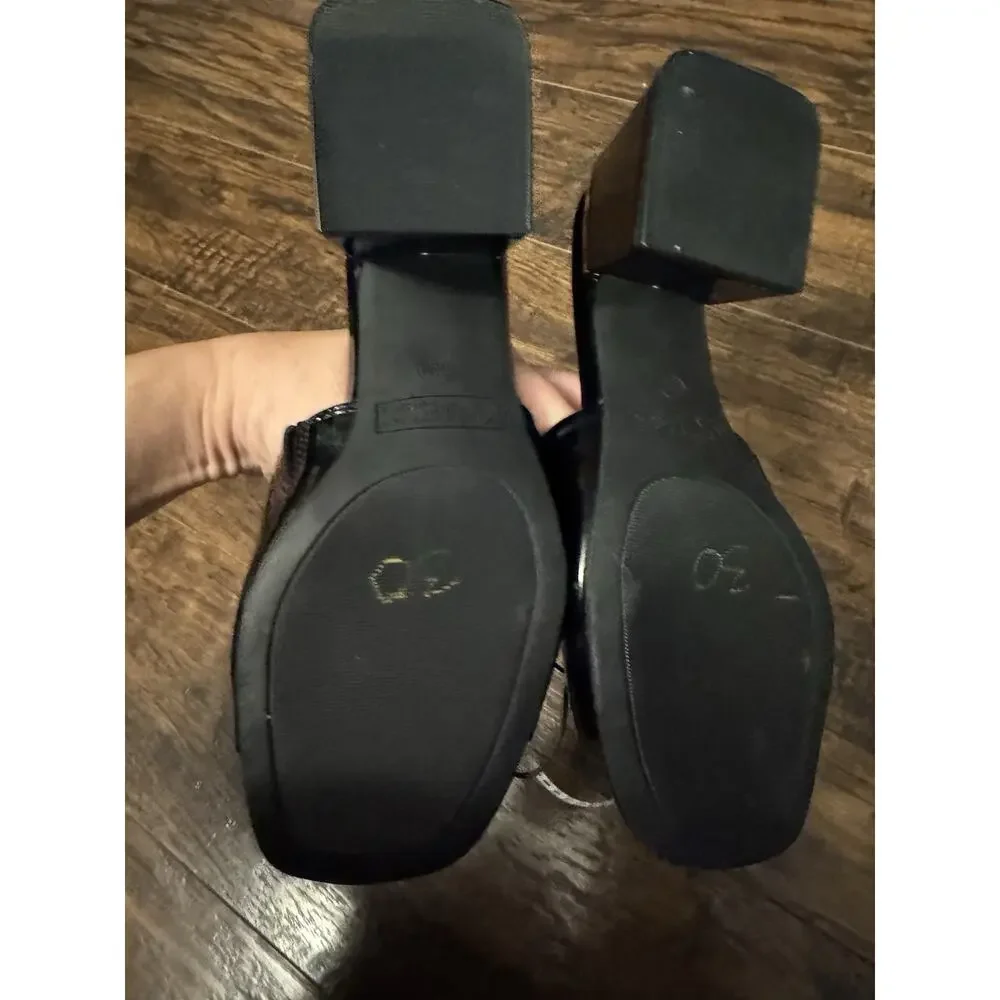 Guess Logo Black Shiny Mules Slip On Block Heels Open Toe Square Sz:5.5